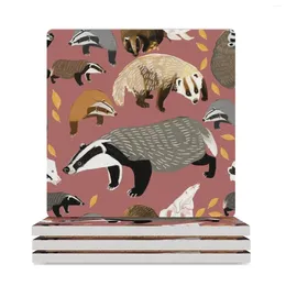 Table Mats Eurasian Badgers Pattern Pink Ceramic Coasters (Square) Kawaii Tea Cup Holders Customized Stand