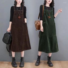 Casual Dresses Retro Art Corduroy Suspended Dress For Women's Autumn And Winter Loose Large Size Sleeveless Overall Long Z4267