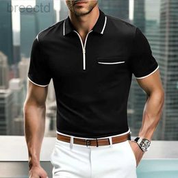 Men's Casual Shirts European and American mens short sleeved polo shirt summer new pocket Colour blocking zipper polo shirt mens casual business 240409