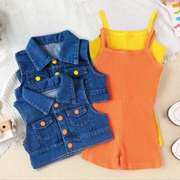 Clothing Sets Children Fashion Clothes For Girls 3-7 Years 2024 Summer Sleeveless Solid Rib Bodysuit Lapel Denim Coat Two Piece Outfits