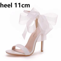 Dress Shoes Crystal Queen Woman Sweet Bow Knot Elegant Ankle Strap Party Sandals Black Thin High Heels White Wedding Open Toe H240409 SU8D