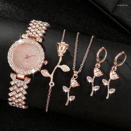 Wristwatches 5-piece Set Of Light Luxury Full-rhinestone Girls' High-end Analogue Watches And Romantic Rose Jewellery