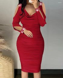 Casual Dresses Black Midi Dress Sexy Elegant Off Shoulder Party Women Rhinestone Cold Shoulde Long Sleeve Stacked Slim Bodycon