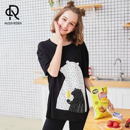 Home Clothing Alcea Rosea Women Cute Pyjamas 2 Pieces Set Short Sleeve Knitted T-Shirt Pants Black White Bear Art Printing Homewear AR1000