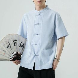 Men's Casual Shirts 2024 Chinese Style Mens Tops Tang Suit Linen Half Sleeve Solid Traditional China Hanfu Shirt Plus Size M-5XL