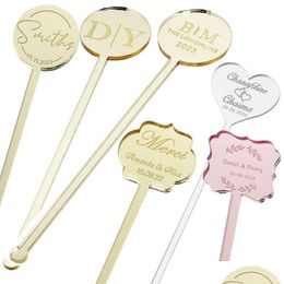 Other Event Party Supplies 100Pcs Personalised Engraved Stir Sticks Etched Drink Stirrers Bar Swizzle Acrylic Table Tag Baby Showe Dhvat