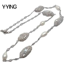 Pendant Necklaces Y English White Crystal Pave Culture White Pipa Freshwater Pearl Long Chain Necklace 33 Sweater Chain NecklaceQ