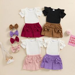 Clothing Sets Baby Girls 3 Piece Outfit Short Sleeve Knitted T-shirt With Corduroy Pleated Skirt Bow Headband Summer Baby's Set