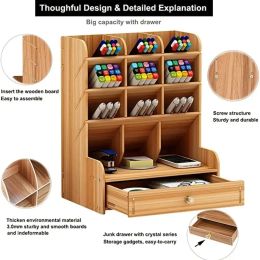 1pc Wooden Desk Organiser Storage Box For Cosmetics School Student Stationery Supplies Large-Capacity Storage Pen Holder Rack