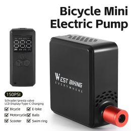 WEST BIKING Mini Electric Bike Pump 150PSI Powerful Air Compressor Pressure Display Car Motocycle MTB Road Bike Tyre Inflator