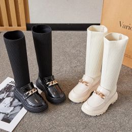 Boots 2022 New Winter Korean Overtheknee Boot for Girls with Metal Chain Sock Boots Kids Fashion Solid Glossy Chic Girls Casual Shoe