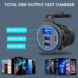 58W USB C Car Charger Socket Outlet Dual PD & QC3.0 Quick Charge Cigarette Lighter Socket Waterproof USB Car Charger Panel