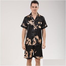 Men'S Sleepwear Men Satin Silk Pyjamas Sets Shirts Shorts Male Pijama Sleep Wear Leisure Home Clothing Dragon Letter Loungewear Drop Dhb4F