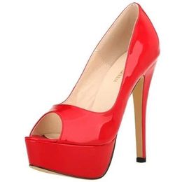 Dress Shoes 2024 New Women Pumps Sexy Platform Peep Toe 14cm Extremely High Heels Stiletto Patent Leather Party Nighclub Red Wedding Shoes H240521 2FB6