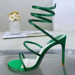 Dress Shoes Sexy High Heel Sandals for Women Rhinestone Ankle Snake Rope Surrounding Party Ball Crystal Gladiator H240409 W04O