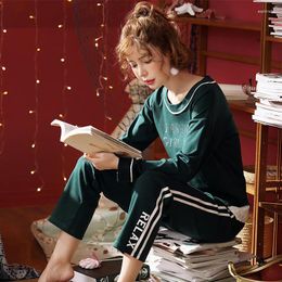 Home Clothing 2024 Green Pajamas Women Homewear Pijiama Mujer Cotton Long Sleeve Elastic Waist Pants Lounge Nightwear Pijamas S88309