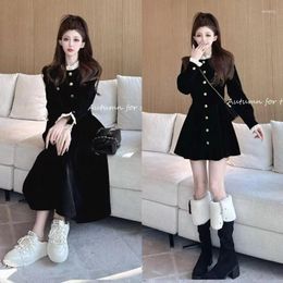 Casual Dresses Korean Fashion Golden Velvet High Setting Slim Dress For Women's Autumn Lace Spliced Round Neck Black Female Clothing