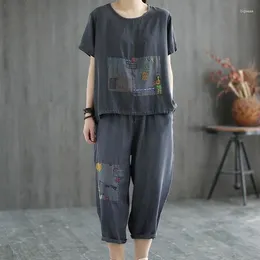 Women's Two Piece Pants Loose Set 2024 Artistic Short Sleeve T-shirt Summer Silk Denim Cotton Casual Fashion