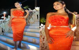 2021 Simple Strapless Orange Tea Length Prom Dresses with Handmade Flowers Beaded Cocktail Party Evening Women Gowns6011411