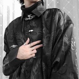 Men's Casual Shirts Vintage Harajuku Blouses Men Satin Shirt Dragon Totem Print Streetwear Button Up Long Sleeve Shirts Chinese Style Tops UnisexL2404
