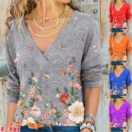 Sweatshirts G17 Snake Women's Clothing Autumn and Winter New Fashion Vneck Flower Print Longsleeved Casual Loose Tshirt Plus Size