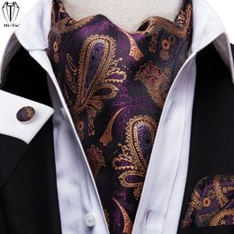 HiTie Purple Gold Paisley Silk Mens Ascots Hanky Cufflinks Set Jacquard Cashew Vintage Cravat Tie Scarf for Male Wedding Prom240409