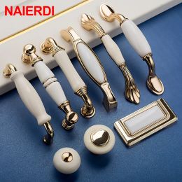 NAIERDI Gold White Creamic Cabinet Handles Knobs Drawer Pulls Kitchen Door Handles Furniture Handle Cabinet Door Hardware