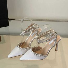 Dress Shoes Liyke 2024 New Sexy Pointed Toe Black White High Heels Mules Sandal Fashion Rhinestone Ankle Strap Party Women Pumps H240409 D710