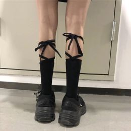 Japanese Harajuku Calf Sock Female Summer Black White Cross Straps Tube Socks Lolita Sexy Letter Skirt College Socks Woman