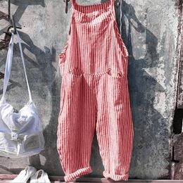 WomenS Jumpsuit Casual Fashion Pocket Tie Sleeveless Striped Backless Cotton Linen Female Playsuit Monos Largos 240409