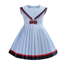 Girl Sailor Collar Blue Dress Navy Collar Short Sleeve Elegant Pleated Princess Dress Kids Designer Clothing Dress2349307w6248078