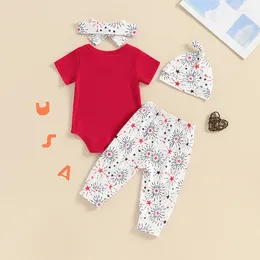 Clothing Sets 4th Of July Baby Girl Boy Outfit Letter Print Short Sleeve Romper Pants Hat Headband 4Pcs Summer Clothes