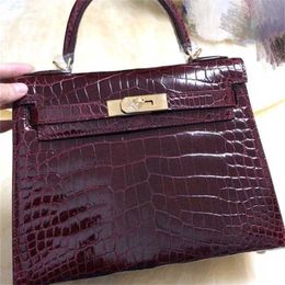 Handbag Crocodile Leather 7A Quality Genuine Handswen 25cm burgundy totes real factory wax line stitching fastEKBV