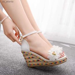 Sandals Crystal Queen 9cm Peep Toe High Heels White Lace Flower Wedges Platform Tassels Shoes Plus Size H240409