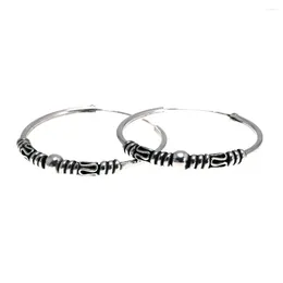 Hoop Earrings 30mm Real 925 Sterling Silver For Women With Beads 4mm Thickness Round Circle Retro Vintage Antique Style