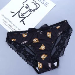 Women Sexy Bear Panties Low Waist Lace Ruffled Kawaii Cute Bear Print Lingerie Panties Female Lady Underwear