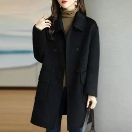 Women Coat Lapel Double Breasted Trench Coat Flap Pockets Women Thermal Jacket Mid-length Thickened Overcoat Warm Winter Jacket