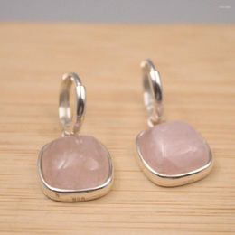 Dangle Earrings Real Silver 925 For Women Female Fine Pink Quartz Square Gemstone Huggie 26 13mm