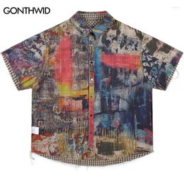 Men's Casual Shirts Vintage Reversible Oversized Shirt Grunge Retro Grapihc Double Side Plaid Button 2024 Hip Hop Harajuku Loose Blouse Tops