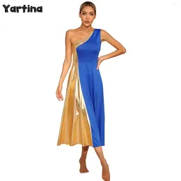 Stage Wear Womens Metallic One Shoulder Sleeveless Lyrical Dance Dresses Ballet Dress Praise Liturgical Choir Church Worship Costumes