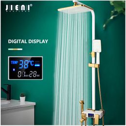 JIENI Black LED Digital Shower Set Bathroom Wall Mounted Thermostatic Shower System Hot Cold Mixer Bath Faucet Square Spray
