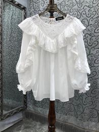 Women's Blouses Lingzhiwu Women White Blouse 2024 Spring Autumn Female Hollow Out O-Neck Lace Ruffles Loose Top Arrive