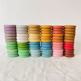 Rainbow Colored Wooden Rings Coins Blocks Kids Open Ended Play Toys Baby Montessori Activity At Home Stacking Game Loose Parts