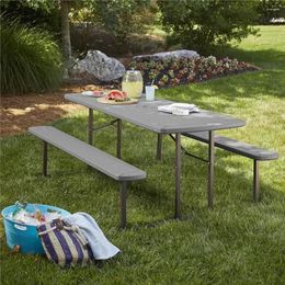 Camp Furniture Outdoor Living 6 Ft. Folding Blow Mold Table Camping Dark Wood Grain With Gray Legs Picnic Dining Tables Desk Supplies