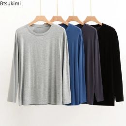 New 2024 Men's Modal T-shirt Pyjamas Tops O-neck Long Sleeve Smooth Elastic Comfortable Homewear Solid Casual Sleep Tops for Men