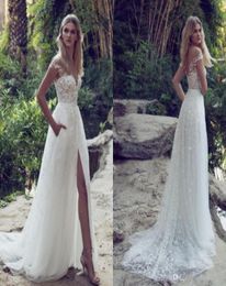 Newest Elegant Lace Appliques Tulle Beach Wedding Dresses High Split V Neck Backless Belt Country Limor Rosen Bridal Gowns6345266