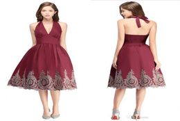 Babyonlinedress In Stock Glod Lace Burgundy Cocktail Dresses Halter Neck Short Evening Homecoming Dress Formal Party Prom Gowns CP7542809