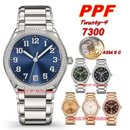 PPFactory Luxury Watches 36mm 7300 A324 Automatic Womens Watch Diamonds Bezel Blue Dial Stainless Steel Bracelet Ladies Wristwatches