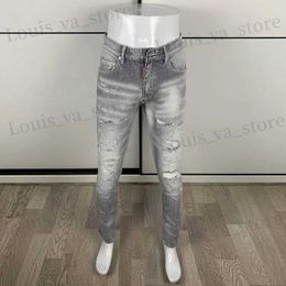 Men's Jeans Strt Fashion Men Jeans High Quality Retro Grey Stretch Skinny Fit Ripped Jeans Men Patched Designer Hip Hop Brand Pants Hombre T240409