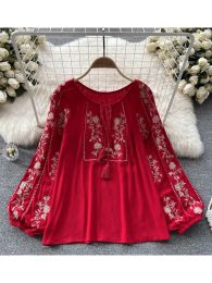 Dresses Women Spring Summer Blouse French Printed Shirt New Loose Long Sleeve Design Small Retro Lantern Sleeve Embroidery Top D2532